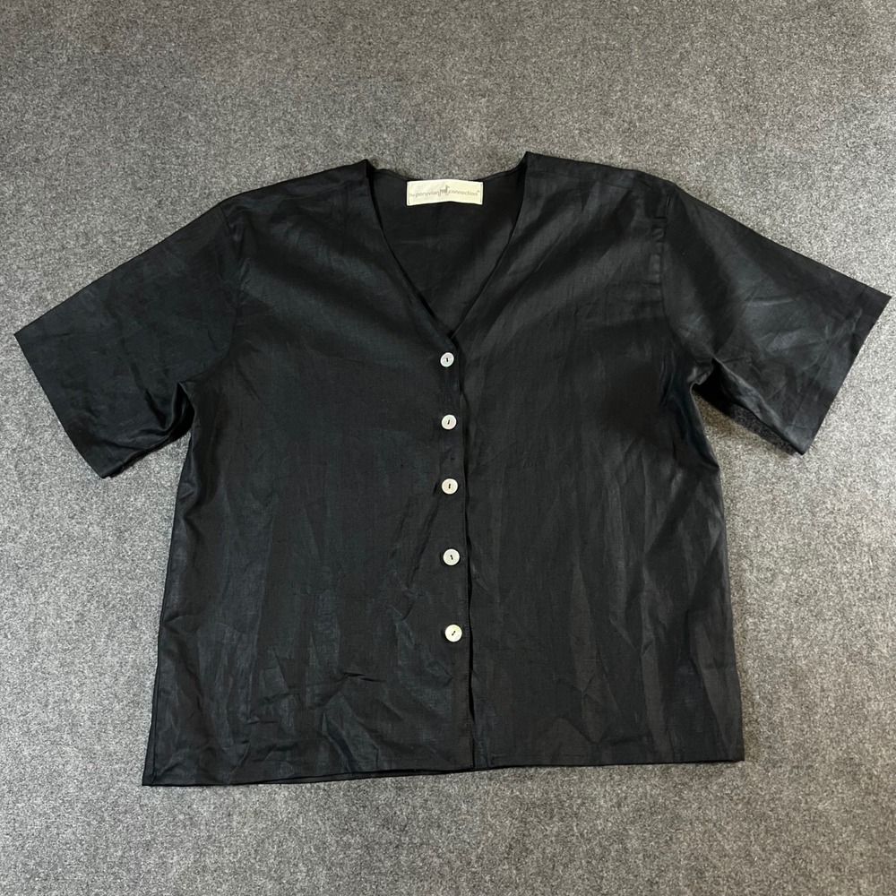Peruvian Connection Black 100% Linen V-Neck Button Front Blouse Top Large USA